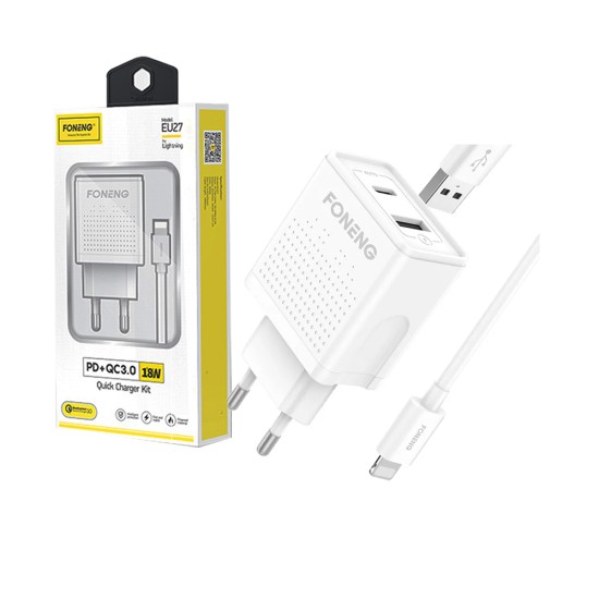 Foneng Fast Charger EU27 with Lightning Cable Dual USB 18W White